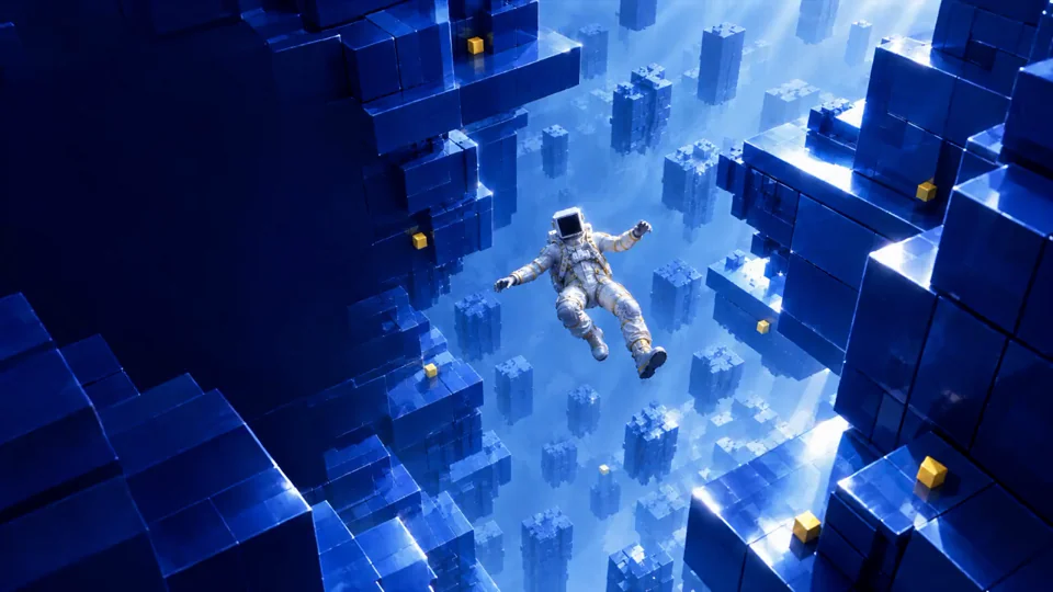 Astronaut falling through a well of blue cubes and stairways.